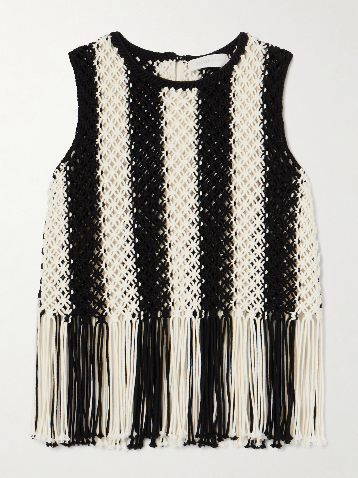 Zimmermann Wanderlust Fringed Striped Macramé Cotton Top In Black