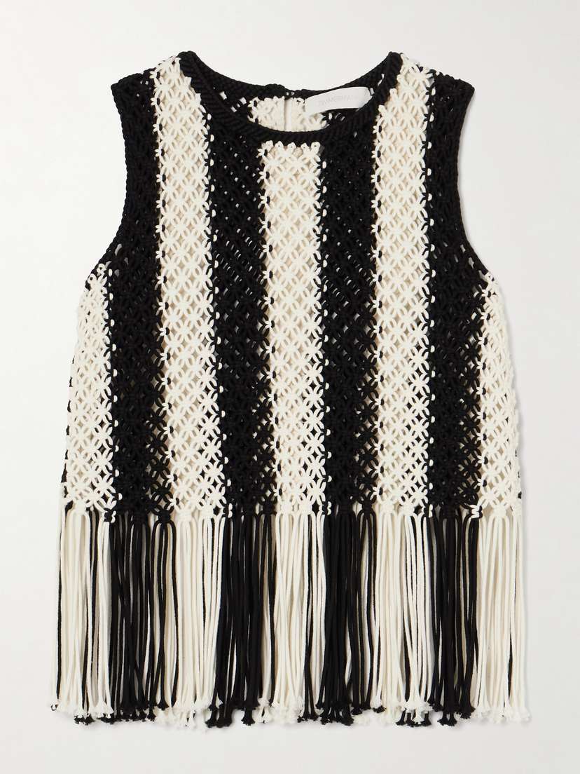 Zimmermann Wanderlust Fringed Striped Macramé Cotton Top