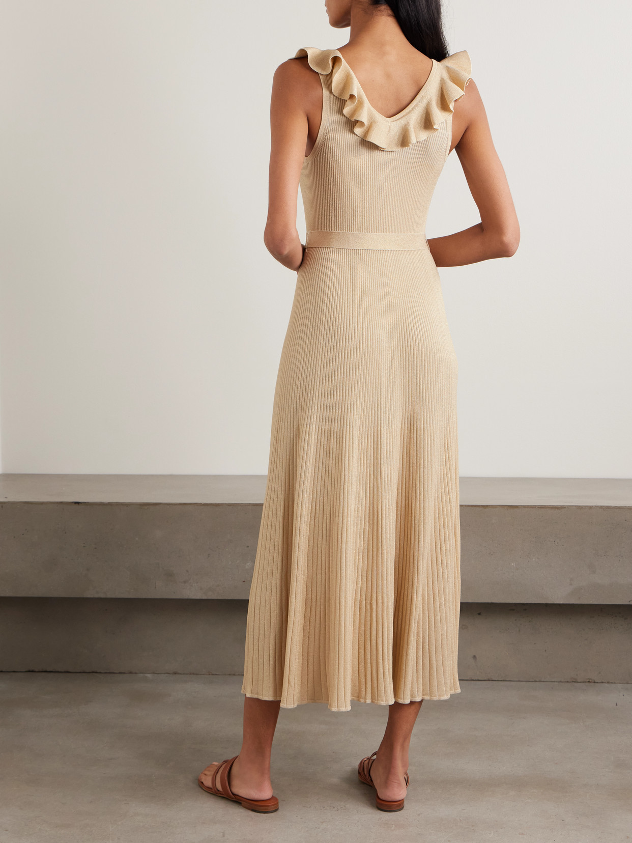Zimmermann Awaken Ruffled Belted Metallic Ribbed-knit Midi Dress In Neutral
