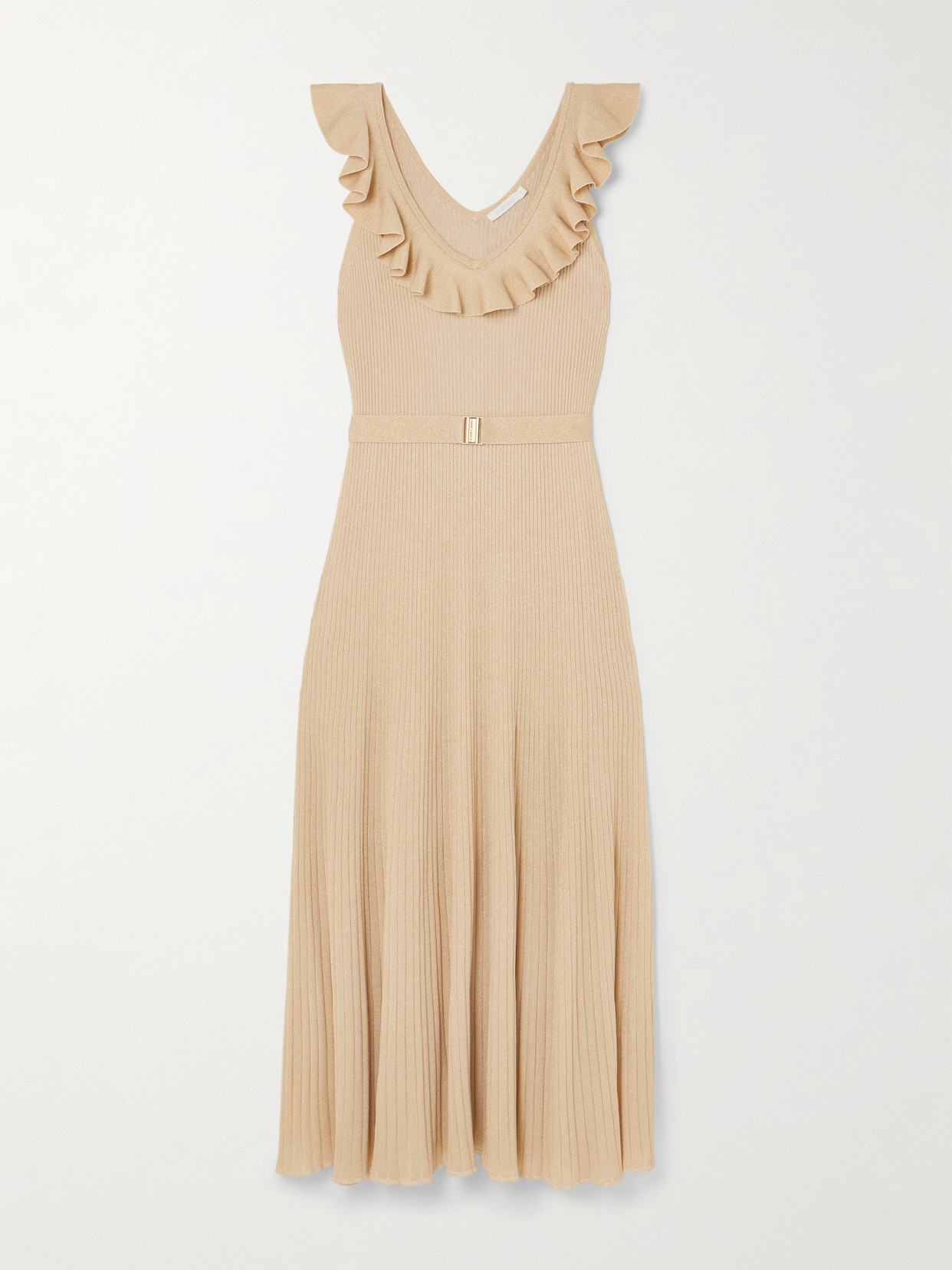 Zimmermann Awaken Ruffled Belted Metallic Ribbed-knit Midi Dress In Gold
