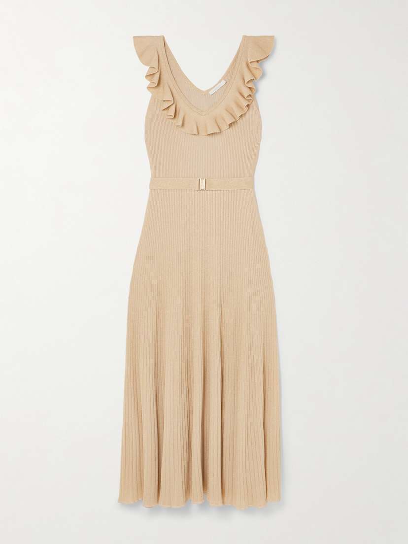 Zimmermann Awaken Ruffled Belted Metallic Ribbed-knit Midi Dress