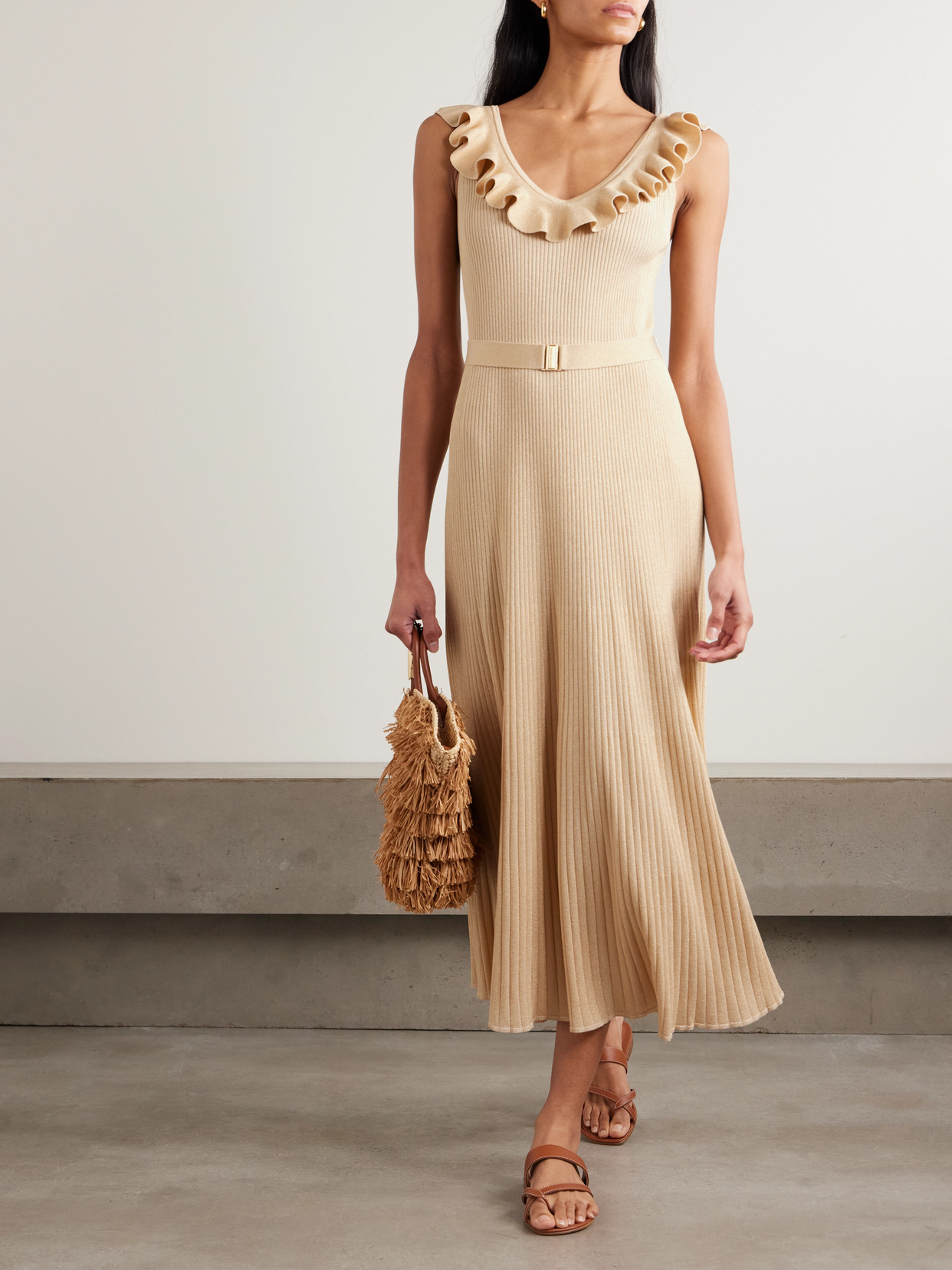 Zimmermann Awaken Ruffled Belted Metallic Ribbed-knit Midi Dress In Neutral