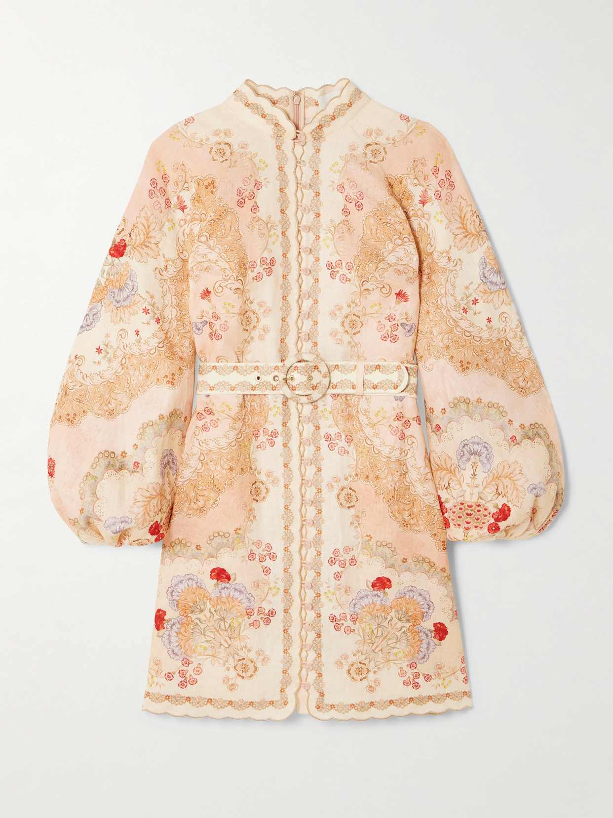 Zimmermann Daylight Belted Scalloped Printed Linen Mini Dress In Brown