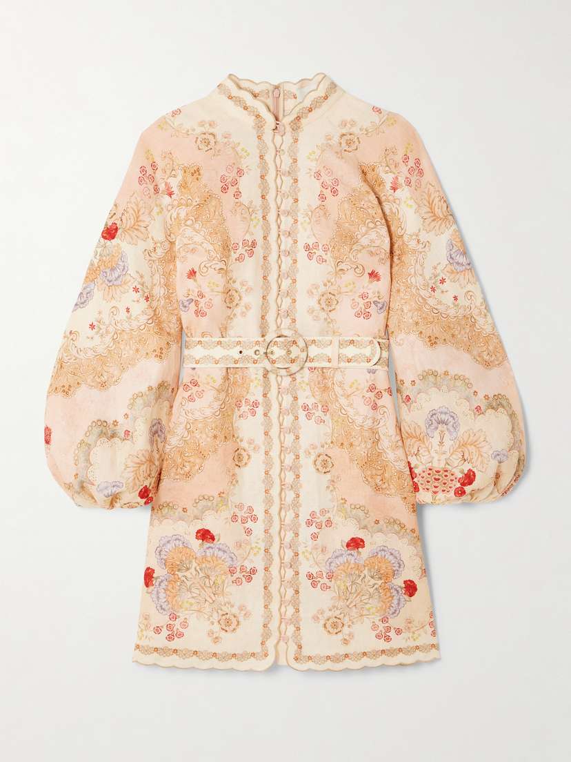 Zimmermann Daylight Belted Scalloped Printed Linen Mini Dress