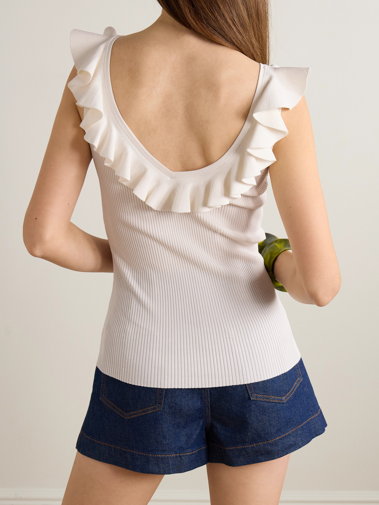 Zimmermann Awaken Ruffled Ribbed-knit Top In Neutral