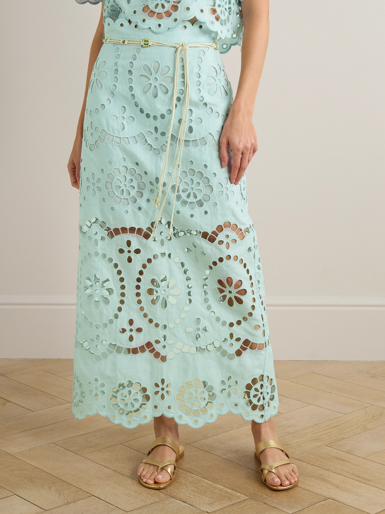 Zimmermann Awaken Belted Broderie Anglaise Linen Midi Skirt In Green