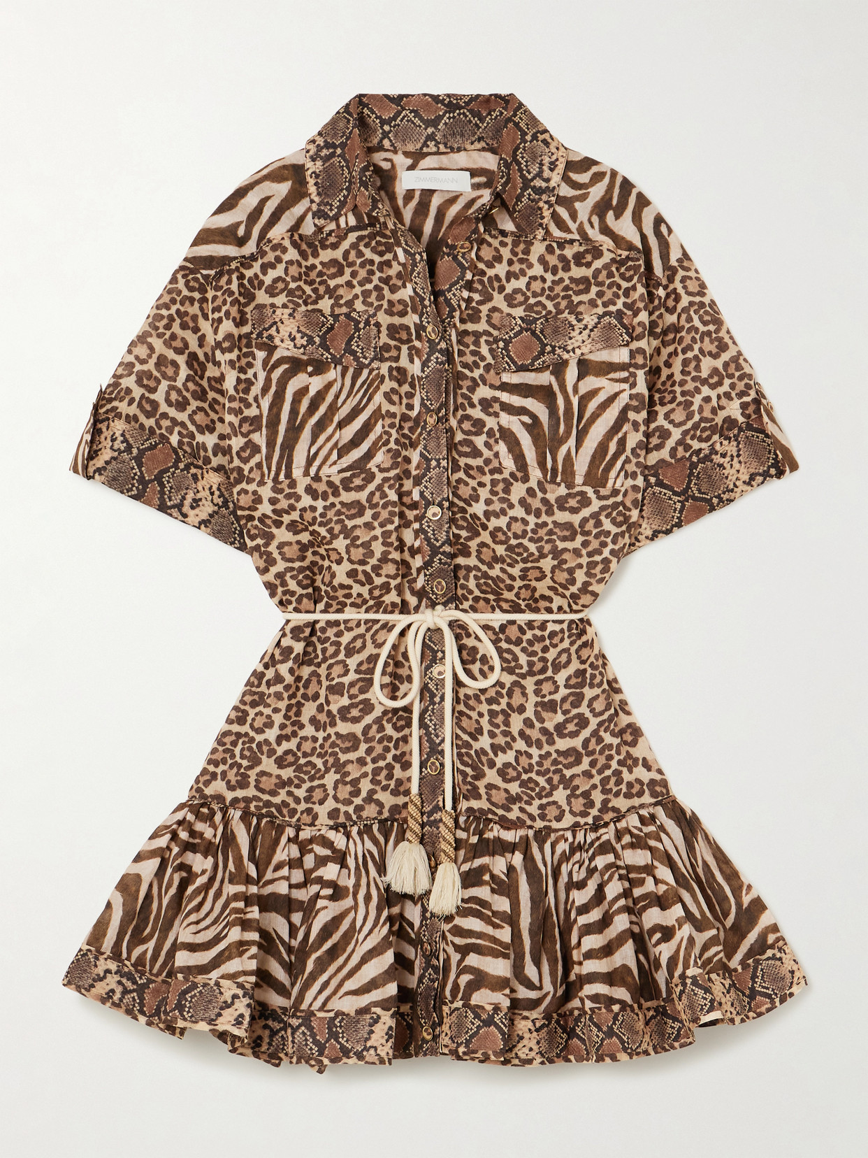 Zimmermann Wanderlust Lantern Belted Printed Cotton Mini Dress In Animal Print