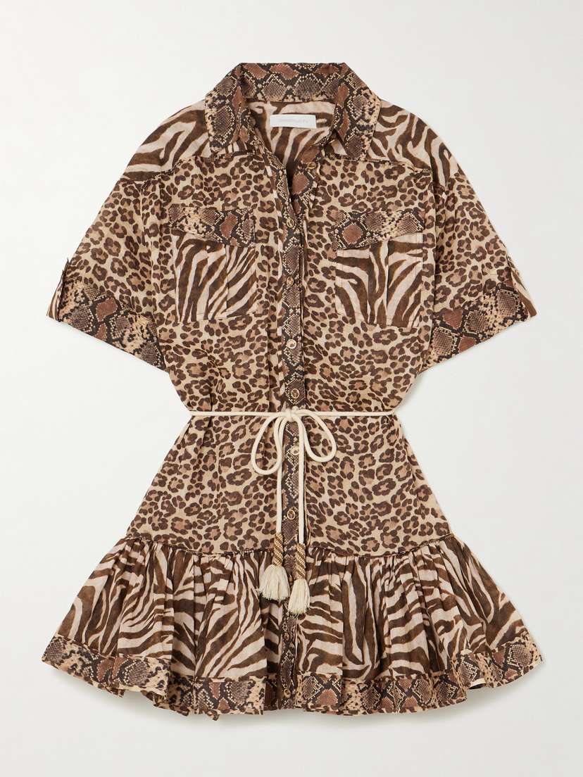 Zimmermann Wanderlust Lantern Belted Printed Cotton Mini Dress