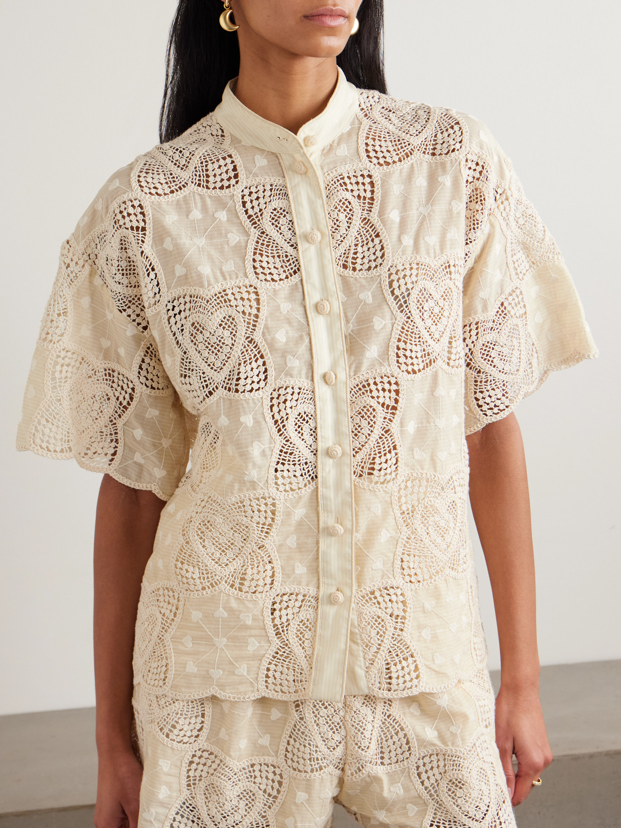 Wanderlust Crocheted And Embroidered Cotton-Blend Voile Shirt