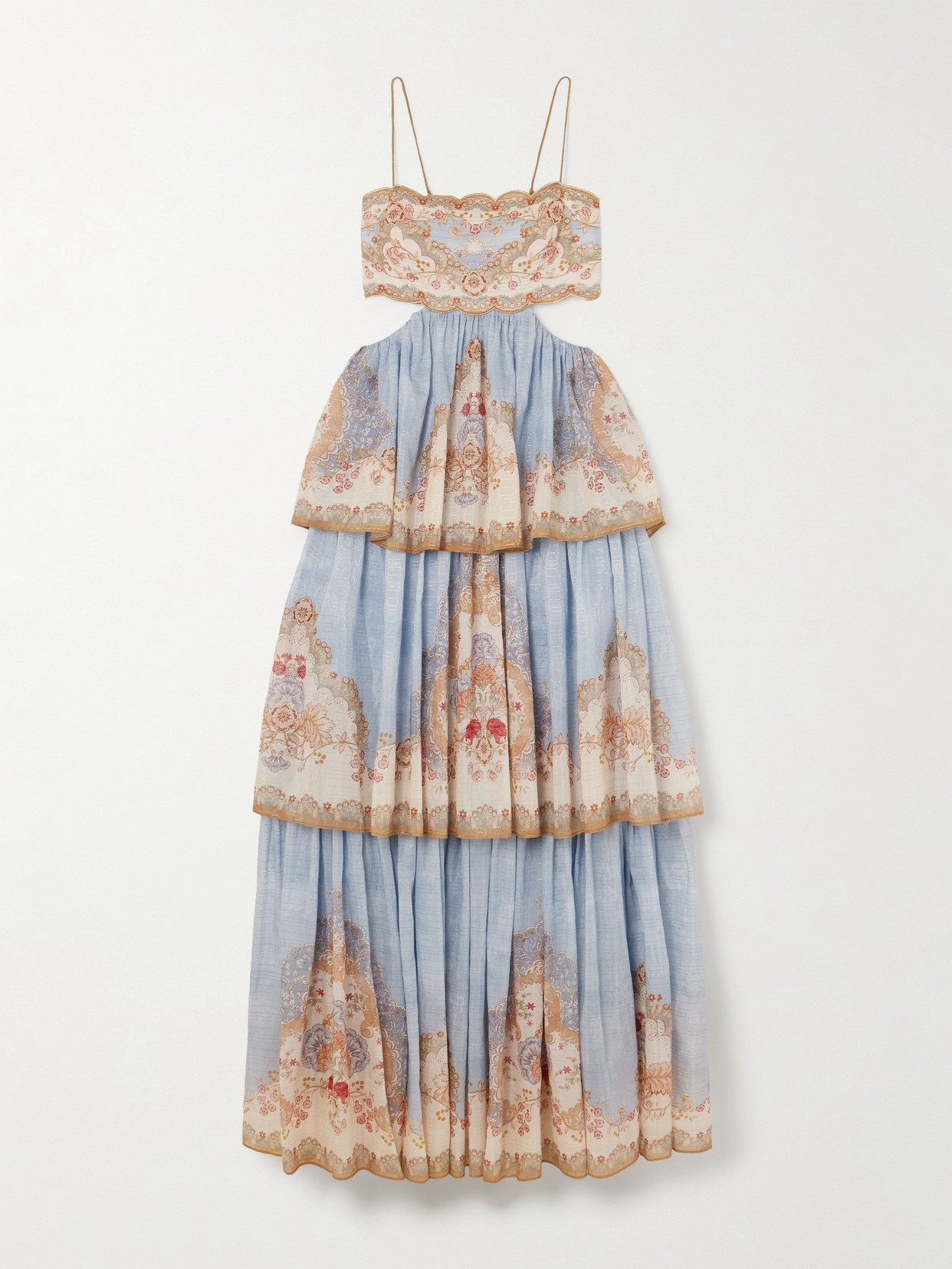 Zimmermann Daylight Cutout Tiered Printed Cotton-blend Voile Maxi Dress In Blue