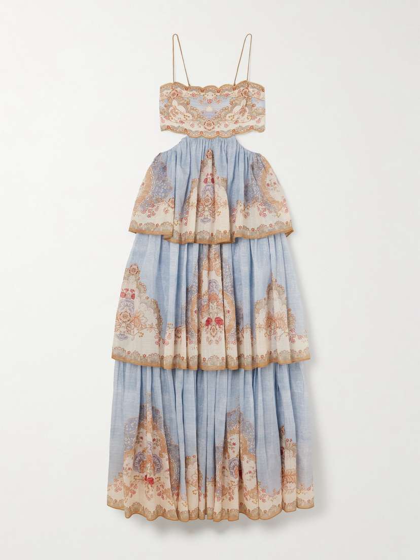 Zimmermann Daylight Cutout Tiered Printed Cotton-blend Voile Maxi Dress