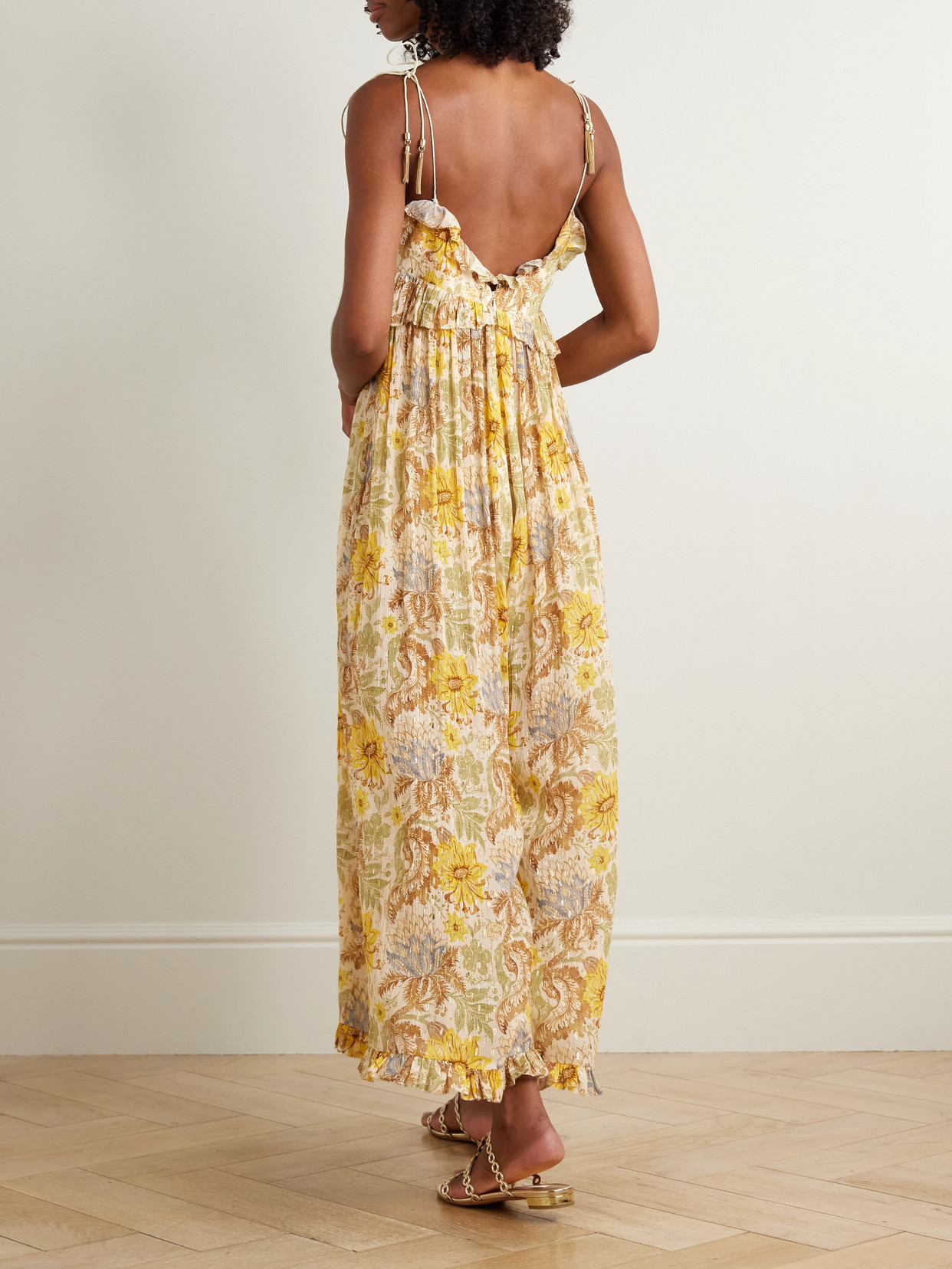 Zimmermann Daylight Ruffled Floral-print Metallic Fil Coupé Gauze Jumpsuit In Yellow