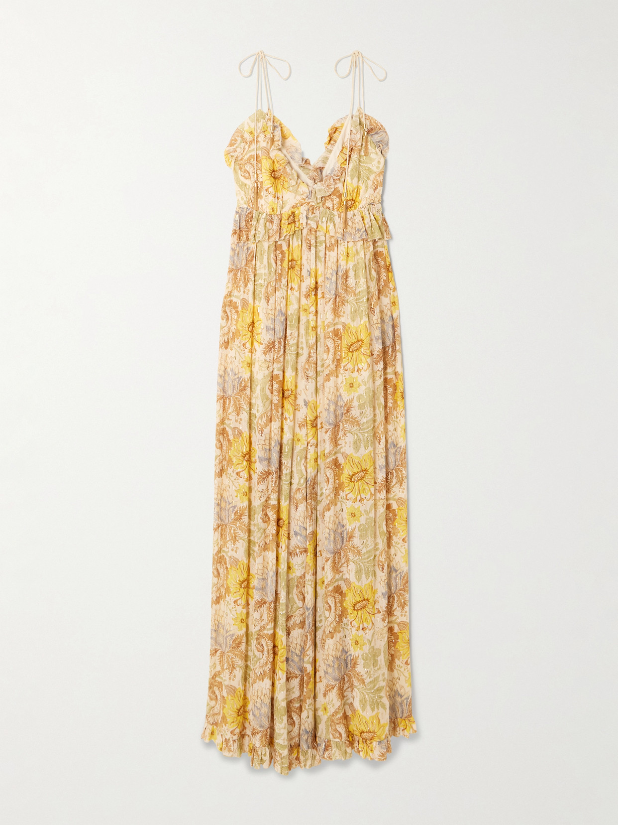 Zimmermann Daylight Ruffled Floral-print Metallic Fil Coupé Gauze Jumpsuit In Yellow