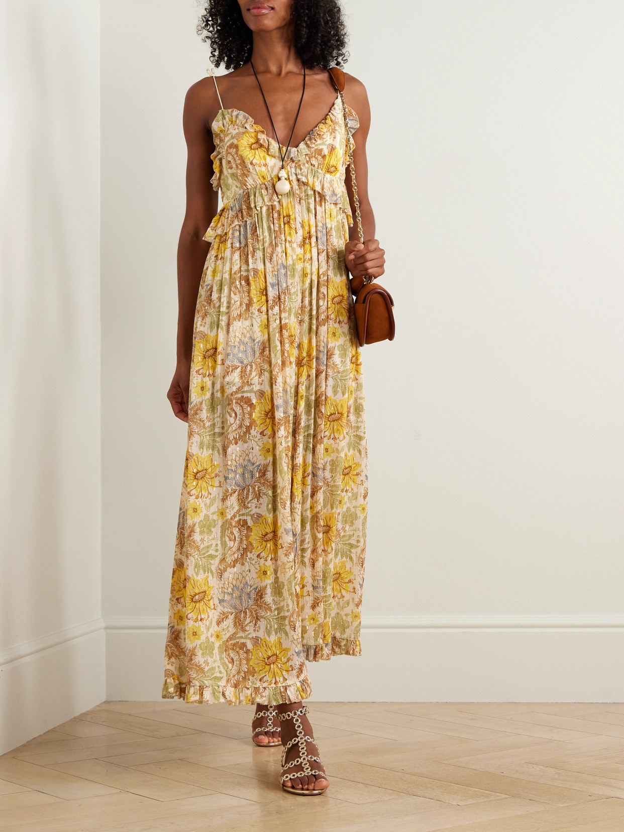 Zimmermann Daylight Ruffled Floral-print Metallic Fil Coupé Gauze Jumpsuit In Yellow