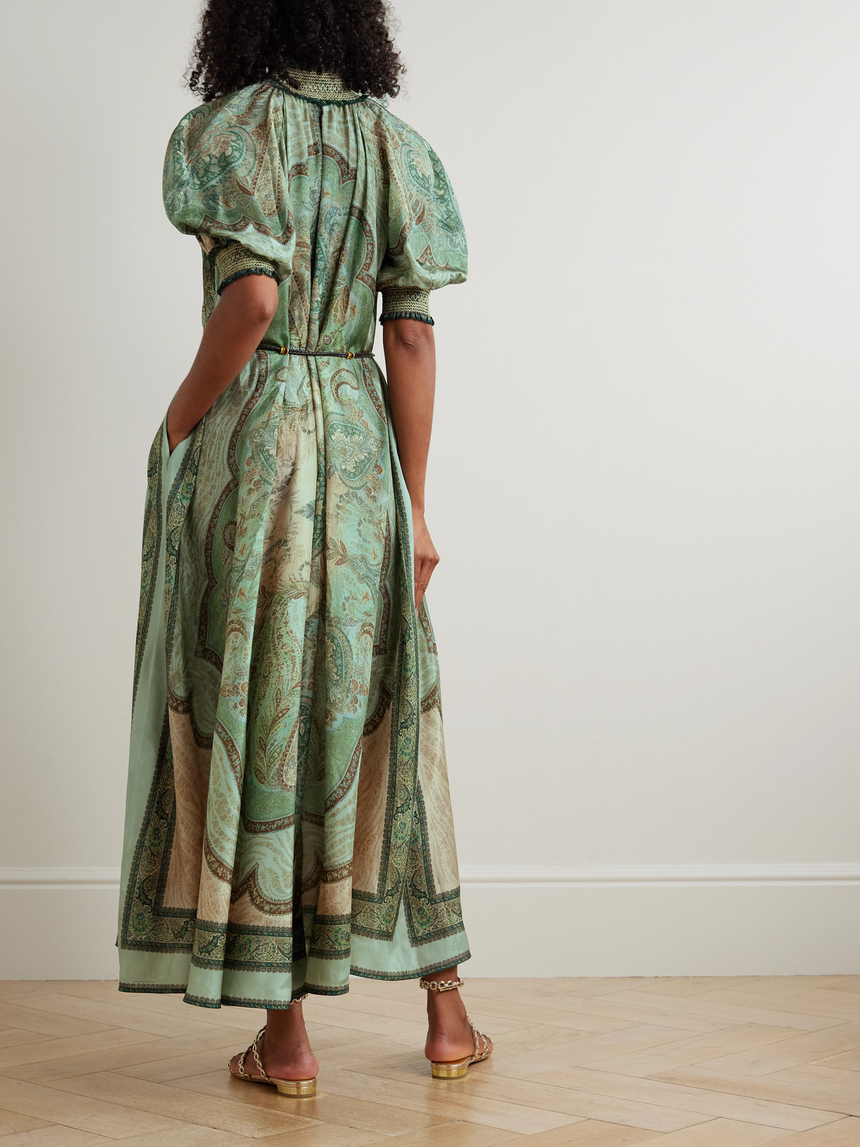 Zimmermann Wanderlust Belted Shirred Printed Silk-habotai Midi Dress In Blue