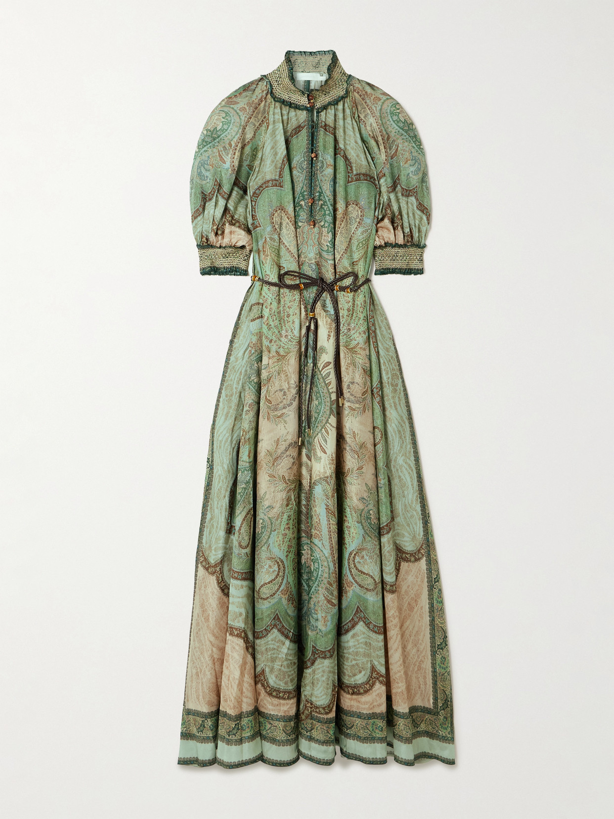 Zimmermann Wanderlust Belted Shirred Printed Silk-habotai Midi Dress In Blue
