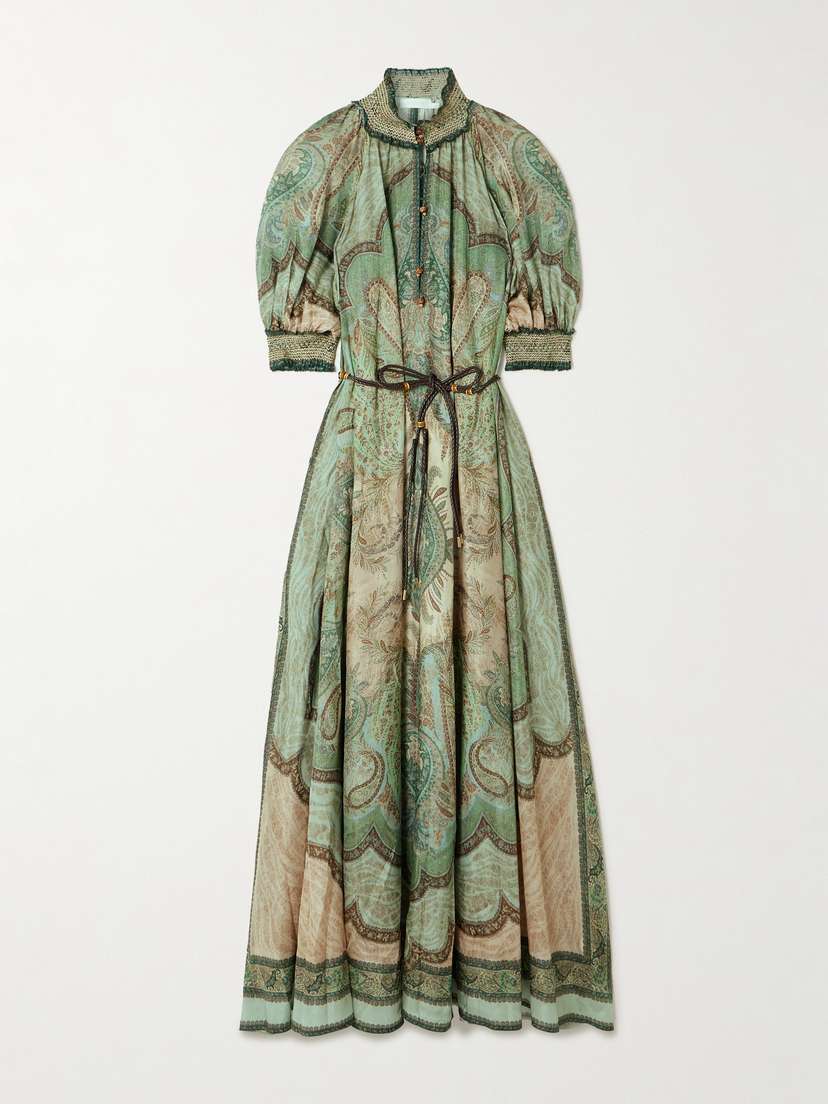 Zimmermann Wanderlust Belted Shirred Printed Silk-habotai Midi Dress