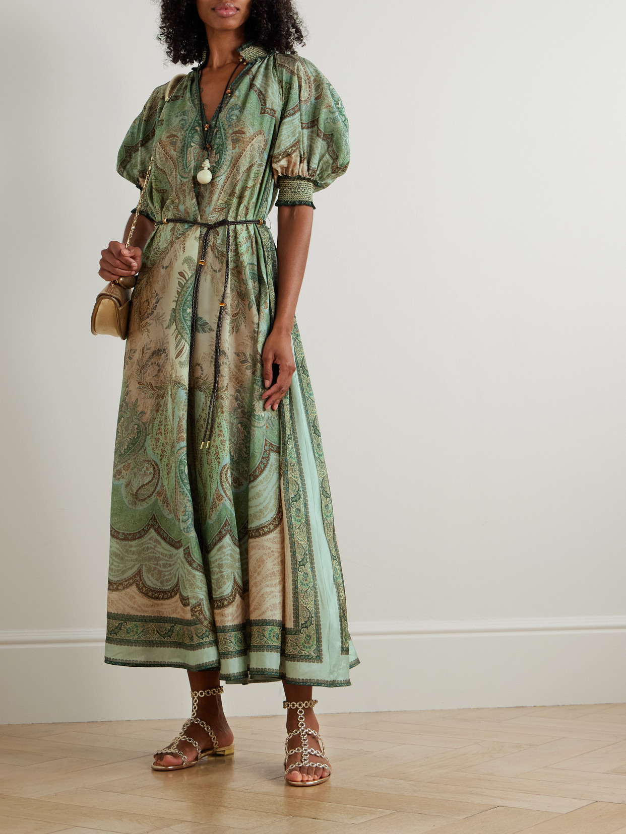 Zimmermann Wanderlust Belted Shirred Printed Silk-habotai Midi Dress In Blue