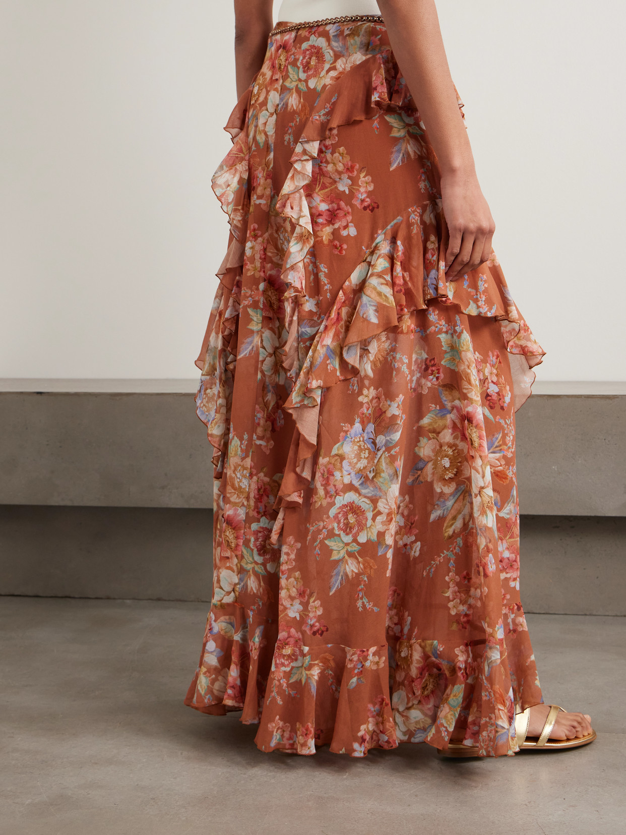 Zimmermann Awaken Belted Ruffled Floral-print Cotton And Silk-blend Crepe De Chine Maxi Skirt In Brown