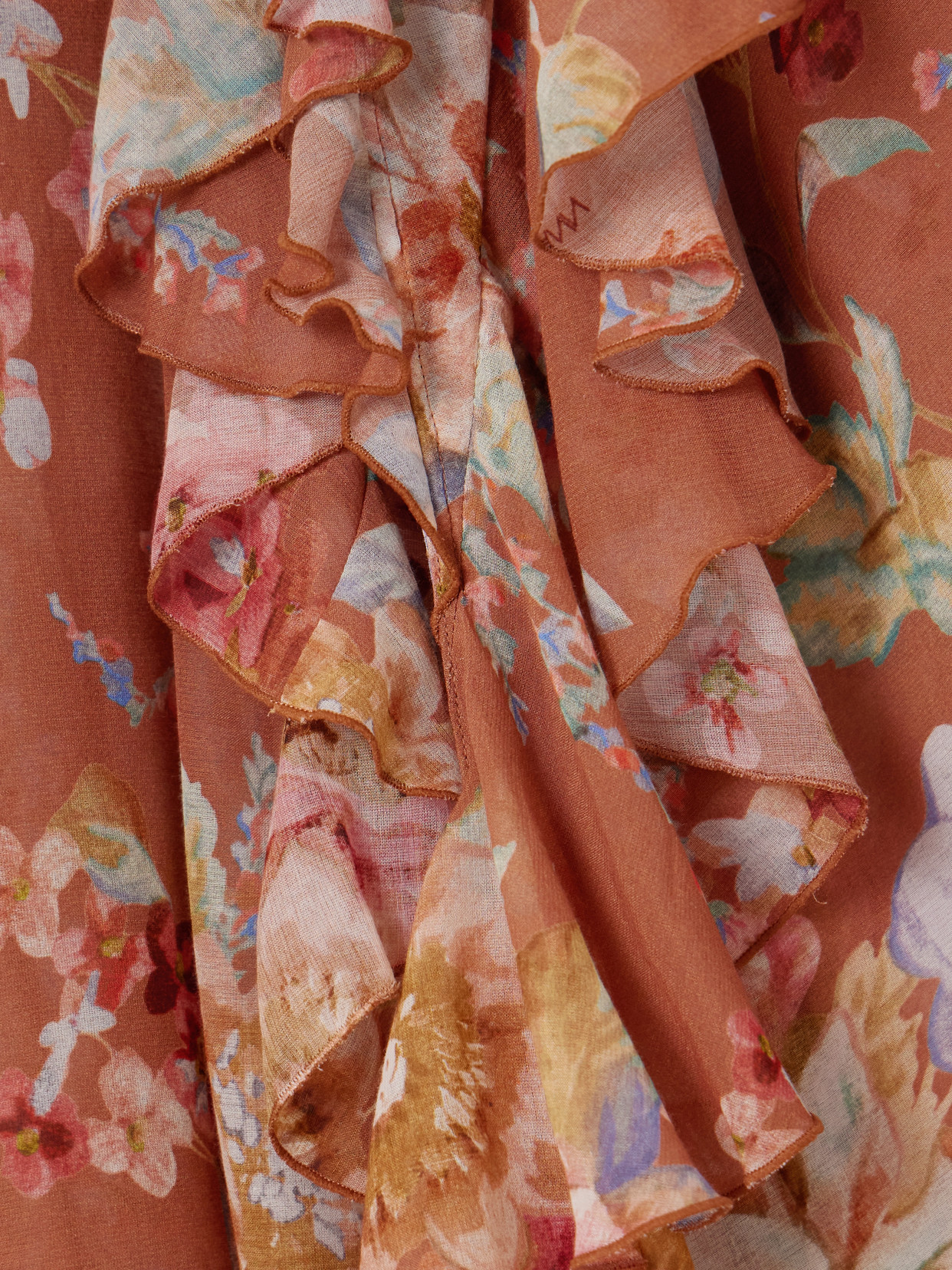 Zimmermann Awaken Belted Ruffled Floral-print Cotton And Silk-blend Crepe De Chine Maxi Skirt In Brown