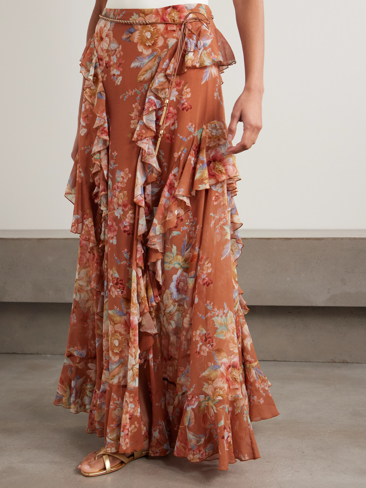 Zimmermann Awaken Belted Ruffled Floral-print Cotton And Silk-blend Crepe De Chine Maxi Skirt In Brown