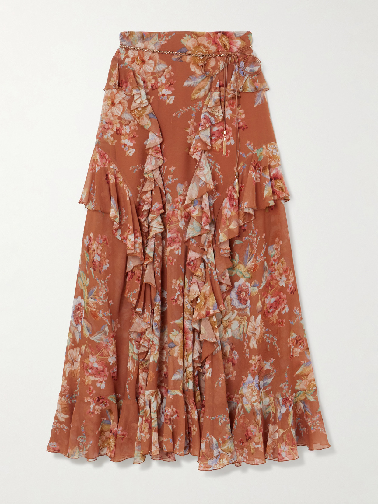 Zimmermann Awaken Belted Ruffled Floral-print Cotton And Silk-blend Crepe De Chine Maxi Skirt In Brown