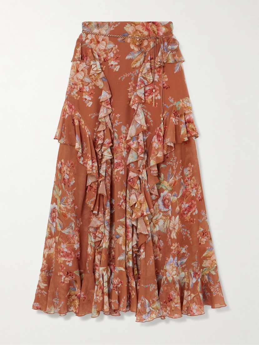 Zimmermann Awaken Belted Ruffled Floral-print Cotton And Silk-blend Crepe De Chine Maxi Skirt