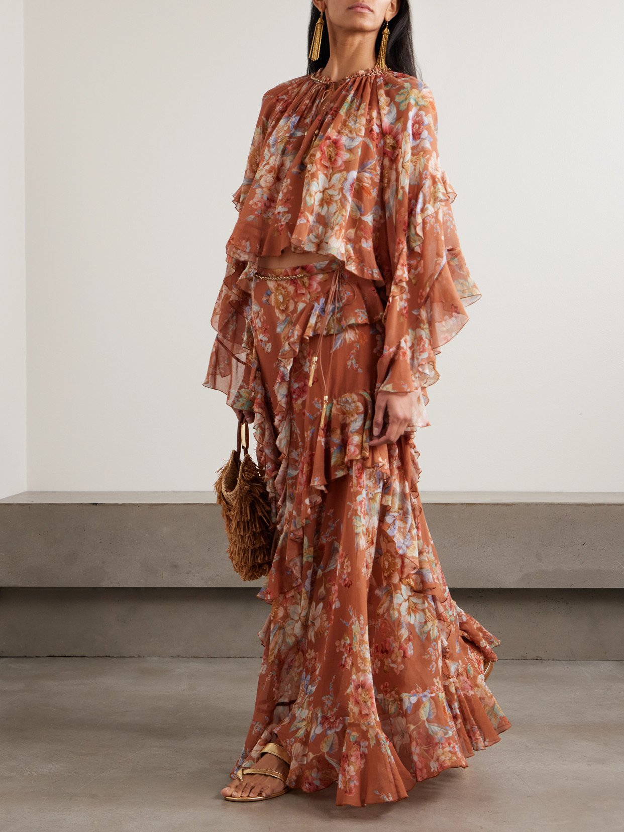 Zimmermann Awaken Belted Ruffled Floral-print Cotton And Silk-blend Crepe De Chine Maxi Skirt In Brown