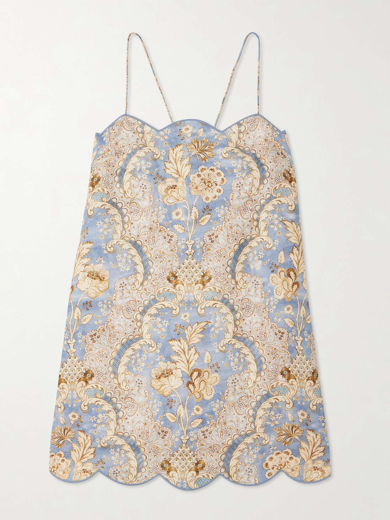 Zimmermann Daylight Scalloped Printed Linen Mini Dress In Blue