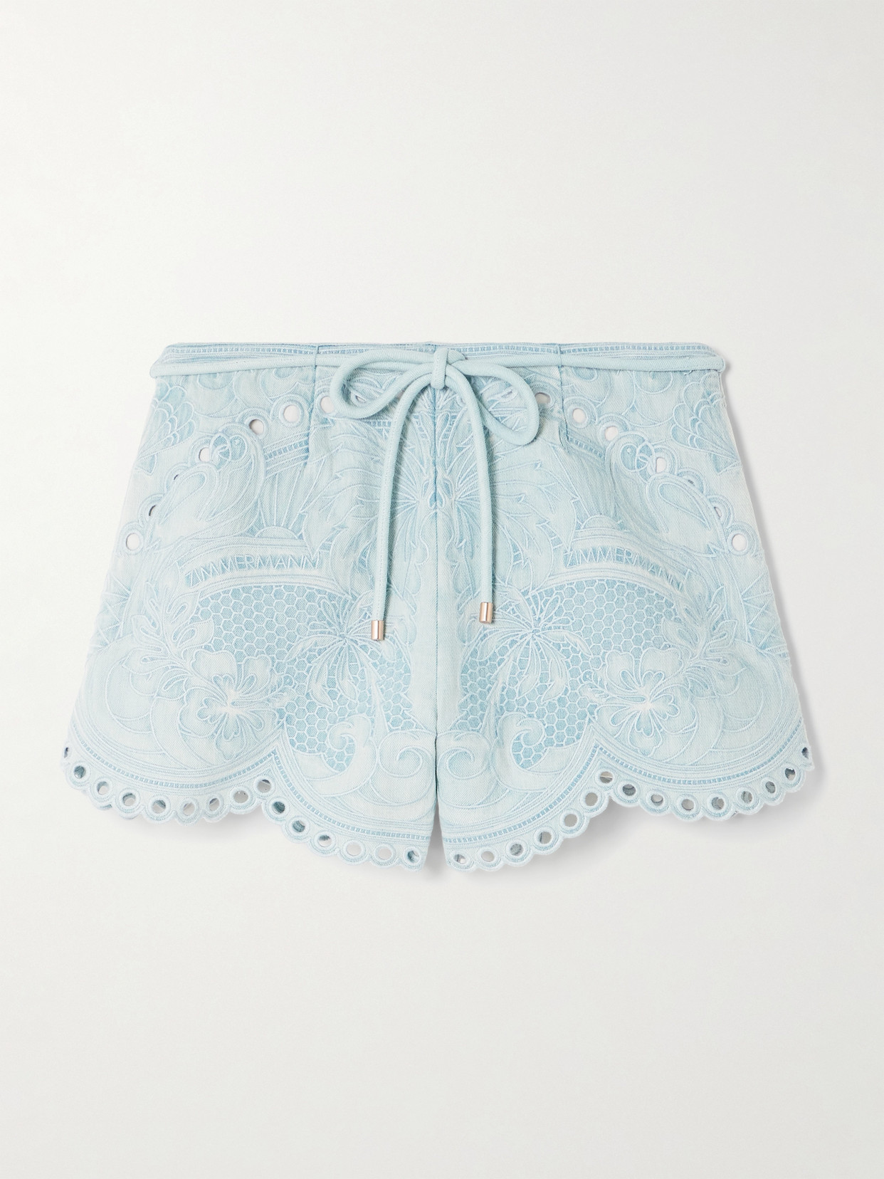 Zimmermann Daylight Scalloped Broderie Anglaise Denim Shorts In Blue