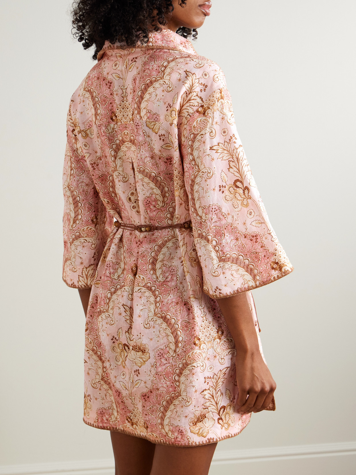 Zimmermann Daylight Belted Printed Linen Mini Dress In Pink