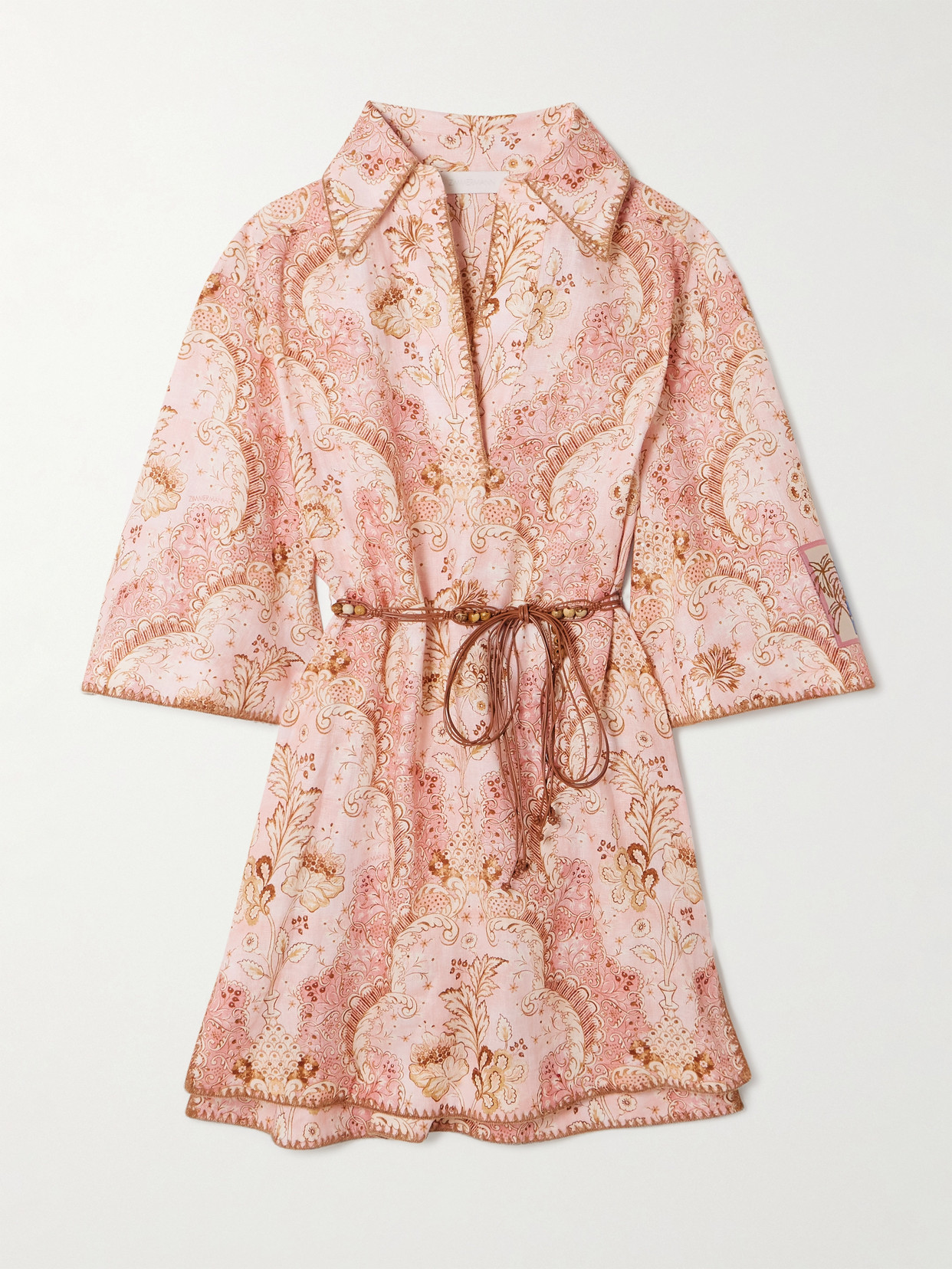 Zimmermann Daylight Belted Printed Linen Mini Dress In Pink