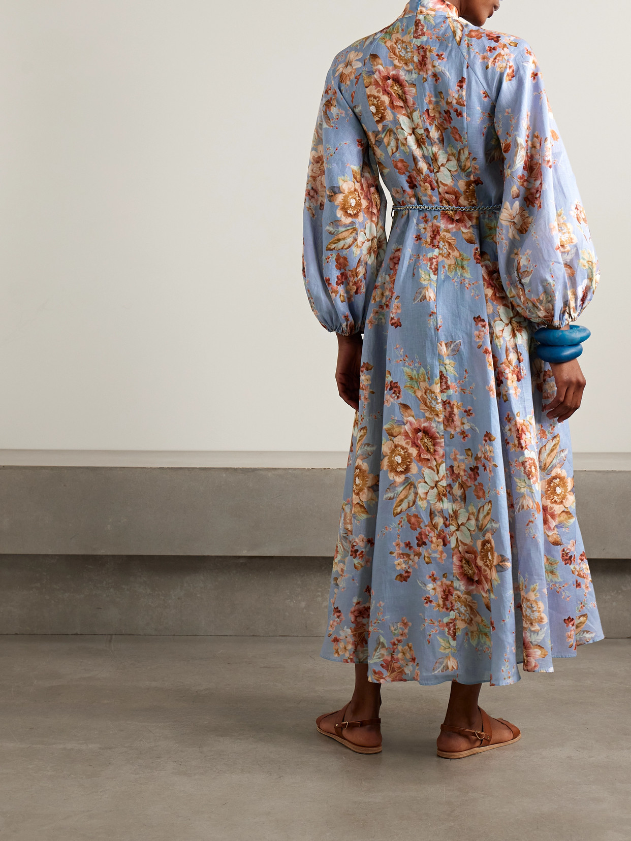 Zimmermann Awaken Floral-print Linen Maxi Dress In Blue