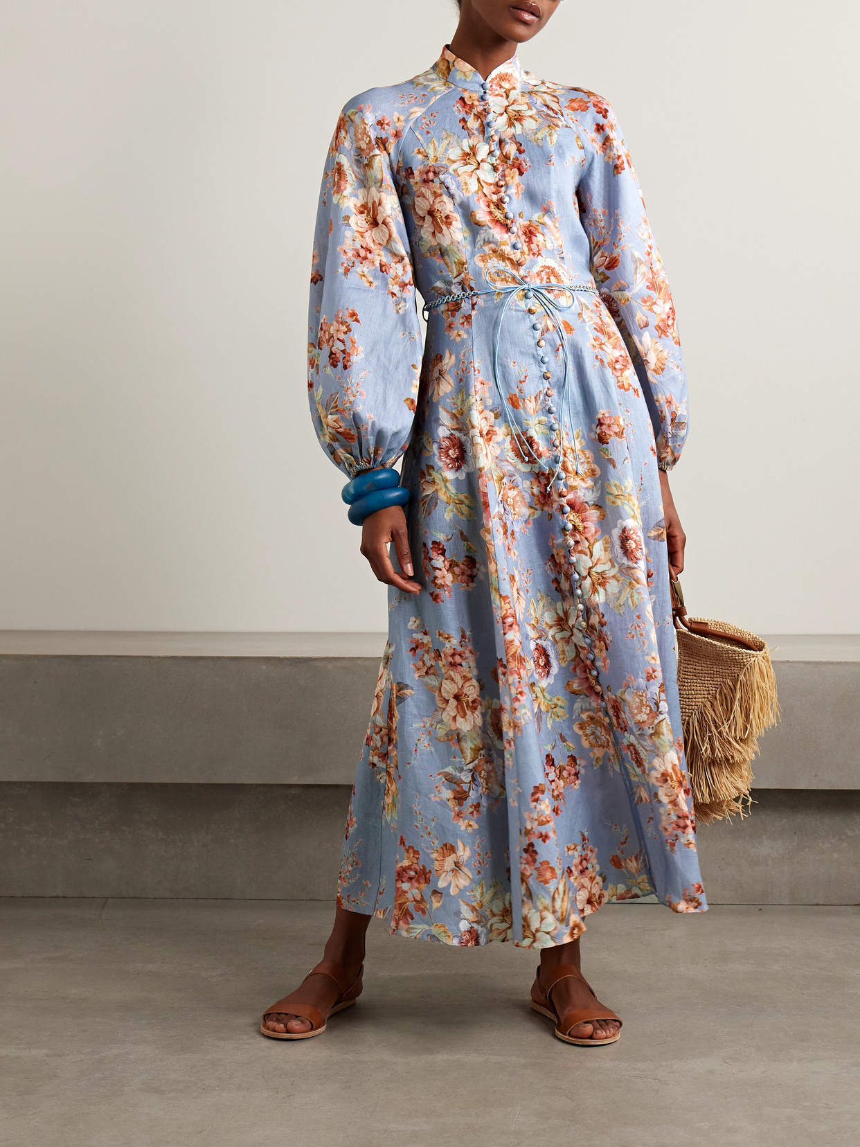 Zimmermann Awaken Floral-print Linen Maxi Dress In Blue
