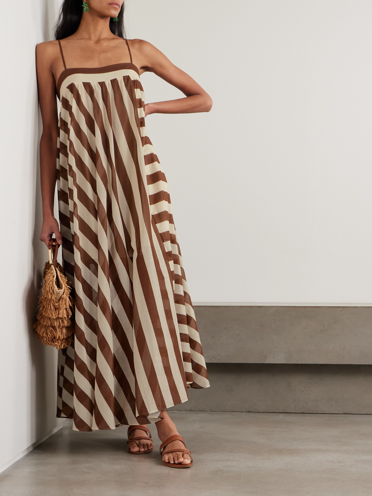 Zimmermann Daylight Striped Cotton Maxi Dress In Brown