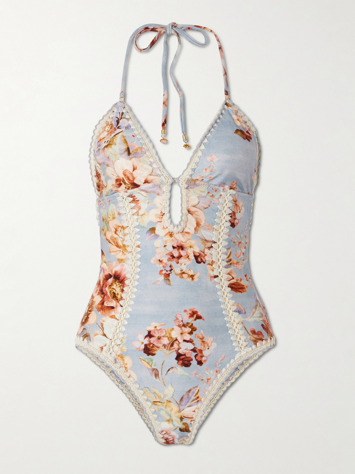 Zimmermann Awaken Crochet-trimmed Floral-print Halterneck Swimsuit In Blue