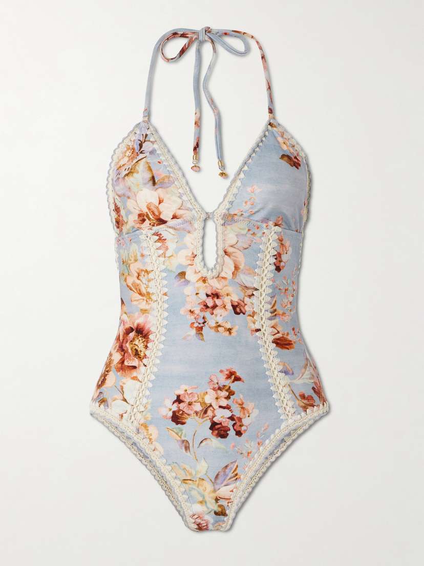 Zimmermann Awaken Crochet-trimmed Floral-print Halterneck Swimsuit