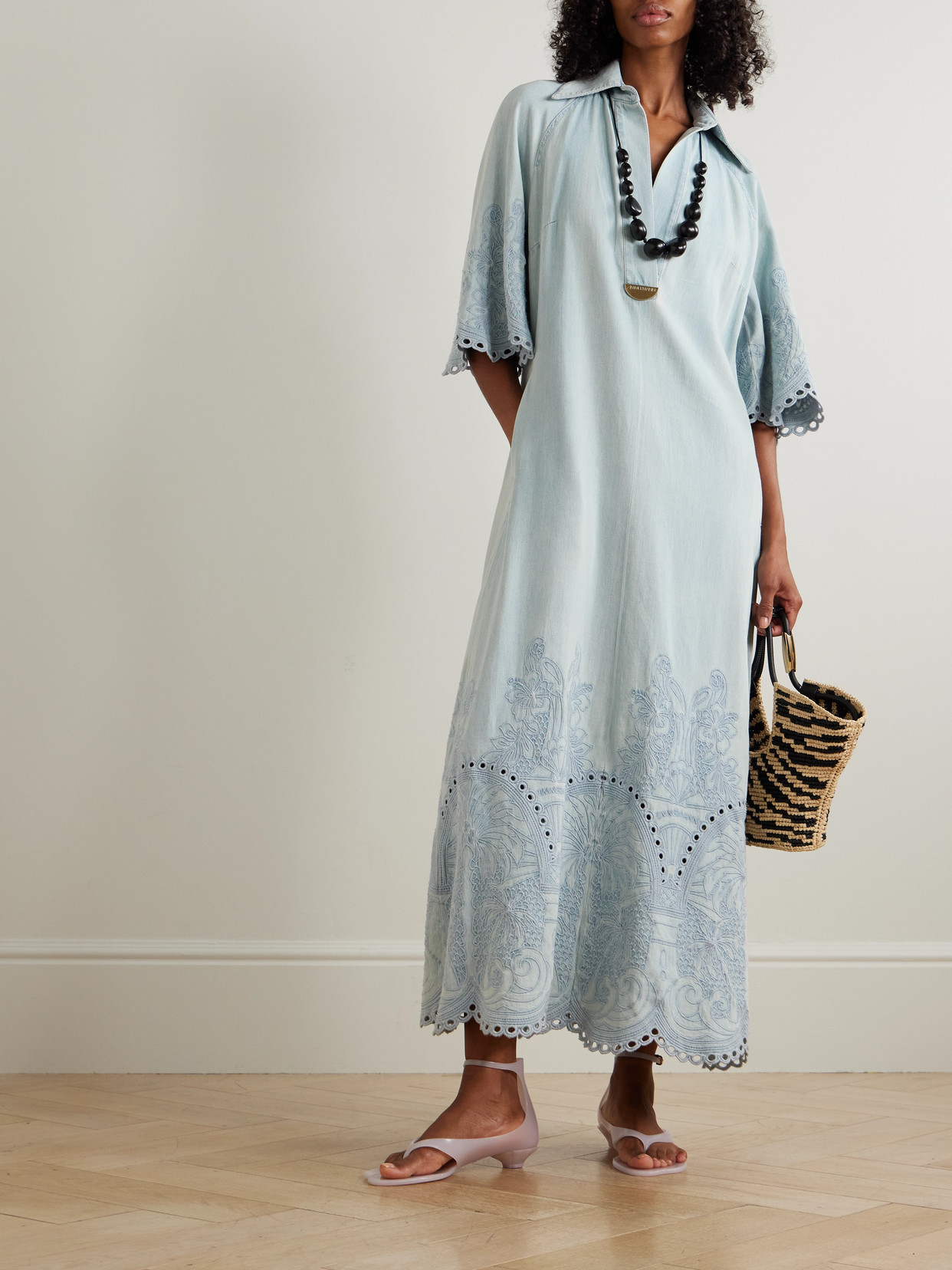 Zimmermann Daylight Broderie Anglaise Denim Midi Dress In Blue