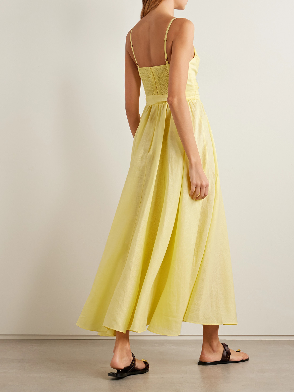 Zimmermann Awaken Gathered Linen Midi Dress In Yellow