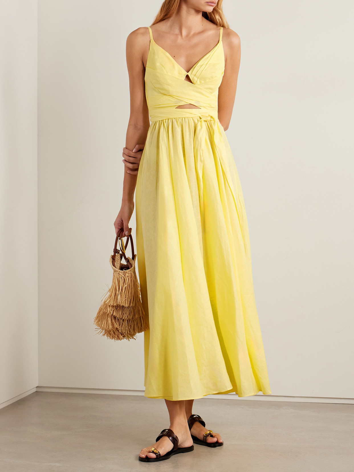 Zimmermann Awaken Gathered Linen Midi Dress In Yellow