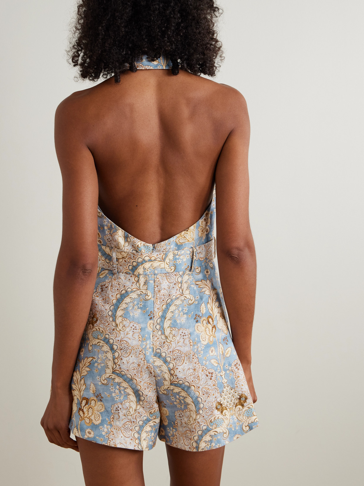Zimmermann Daylight Belted Printed Linen Halterneck Playsuit In Multi