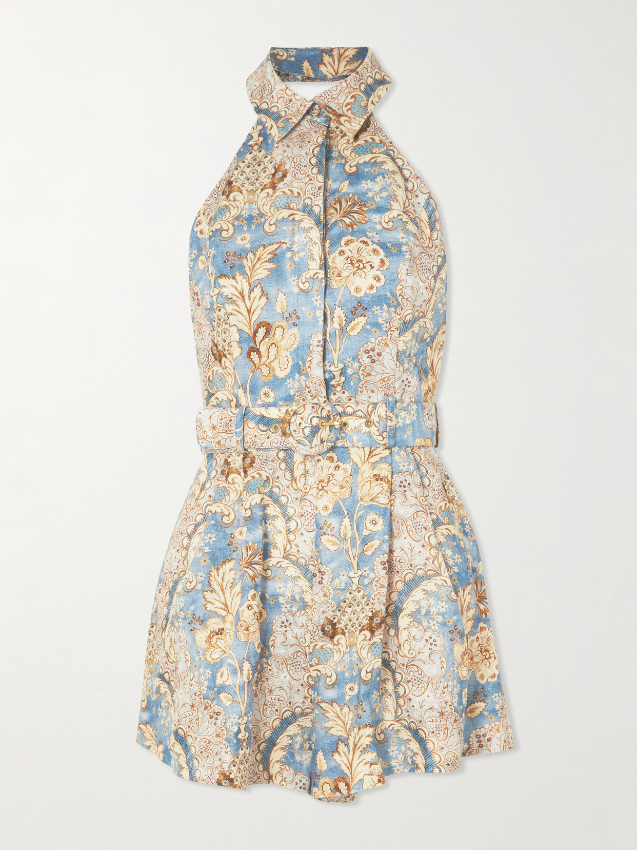 Zimmermann Daylight Belted Printed Linen Halterneck Playsuit In Blue
