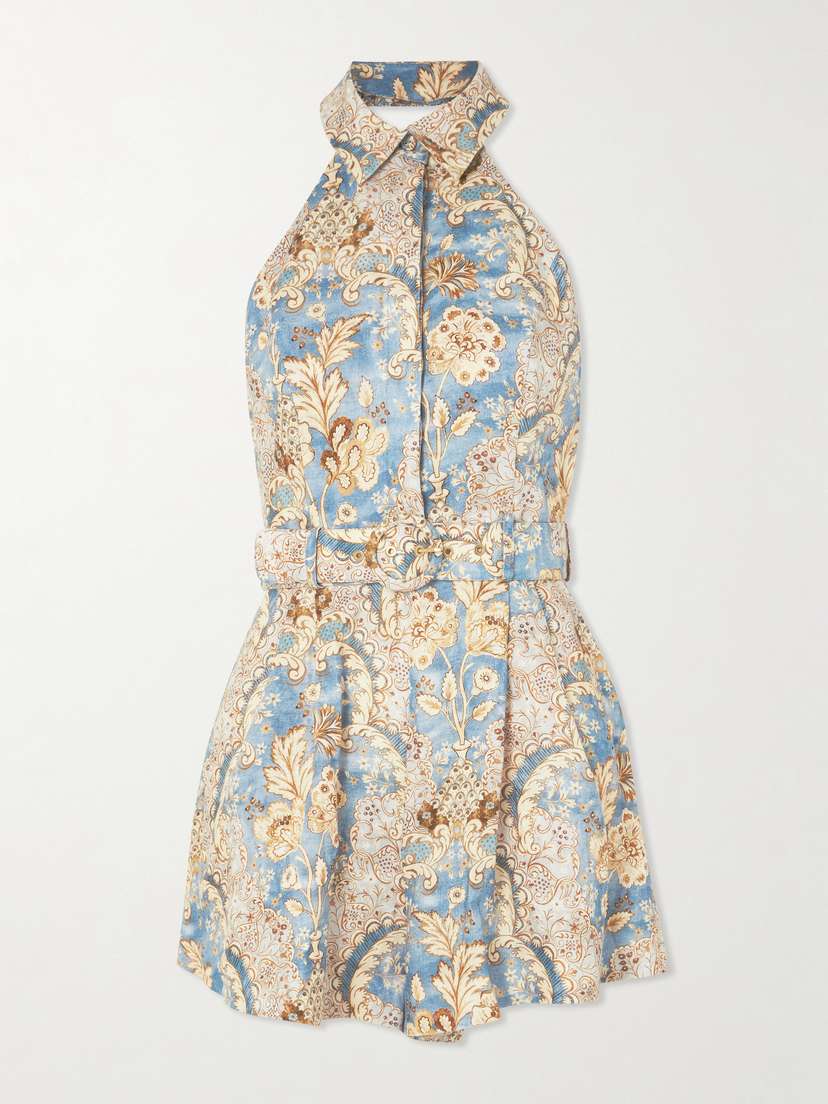 Zimmermann Daylight Belted Printed Linen Halterneck Playsuit