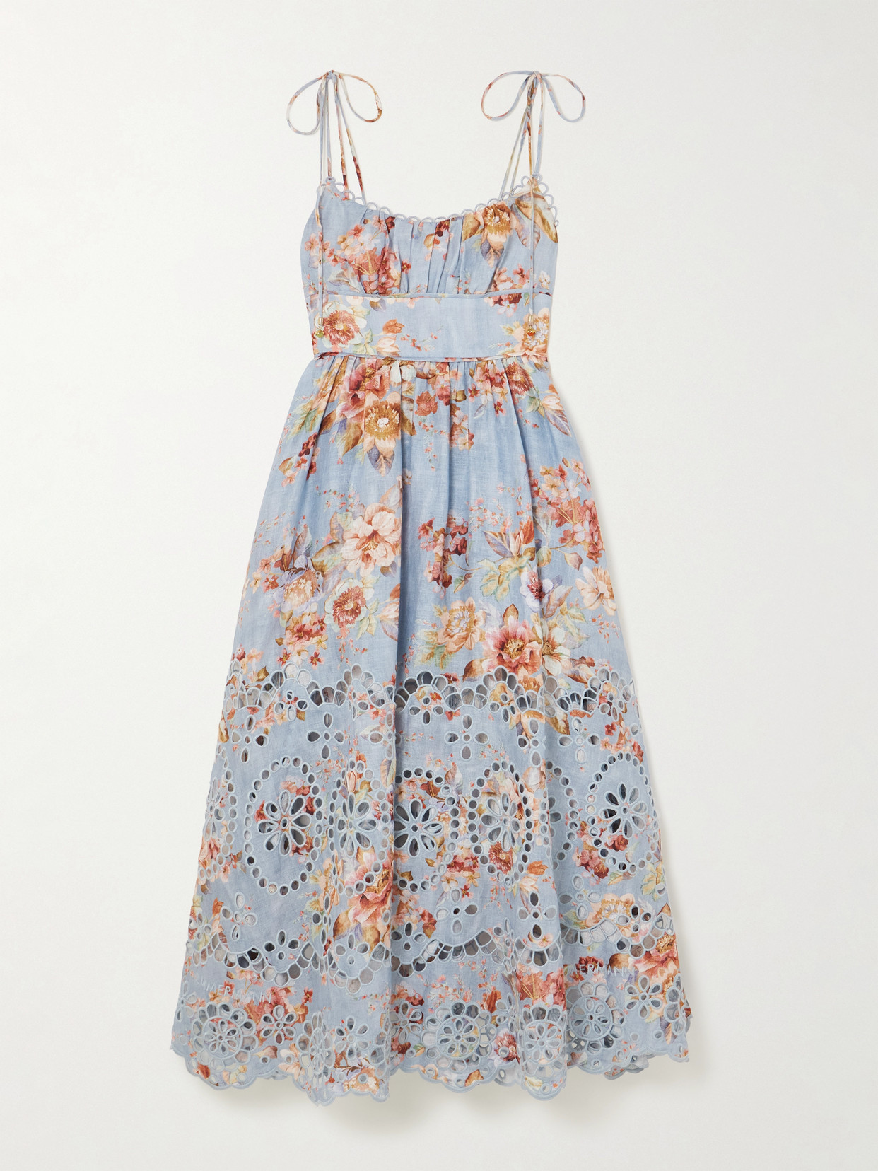 Zimmermann Awaken Floral-print Broderie Anglaise Linen Midi Dress In Blue