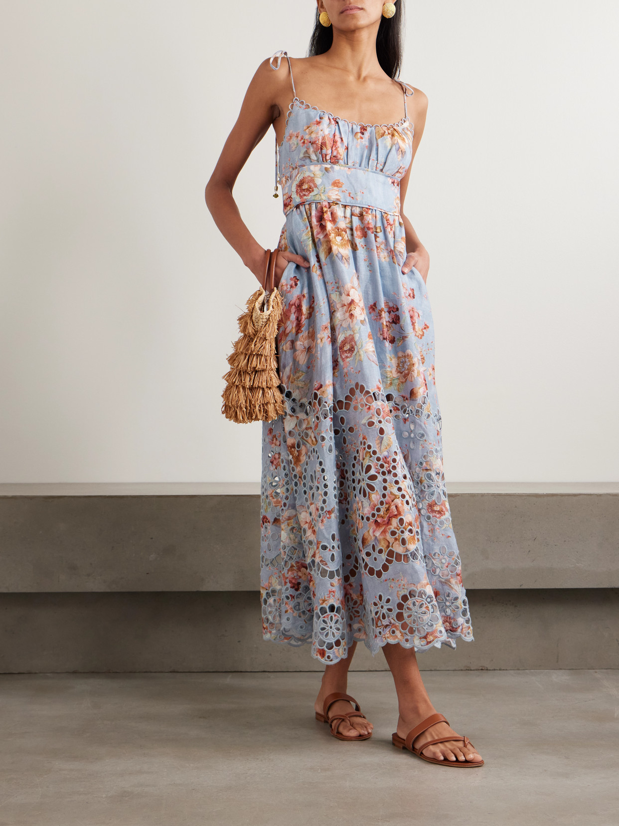 Zimmermann Womens Chambray Floral Awaken Picnic Floral Linen Midi Dress Xxs In Blue