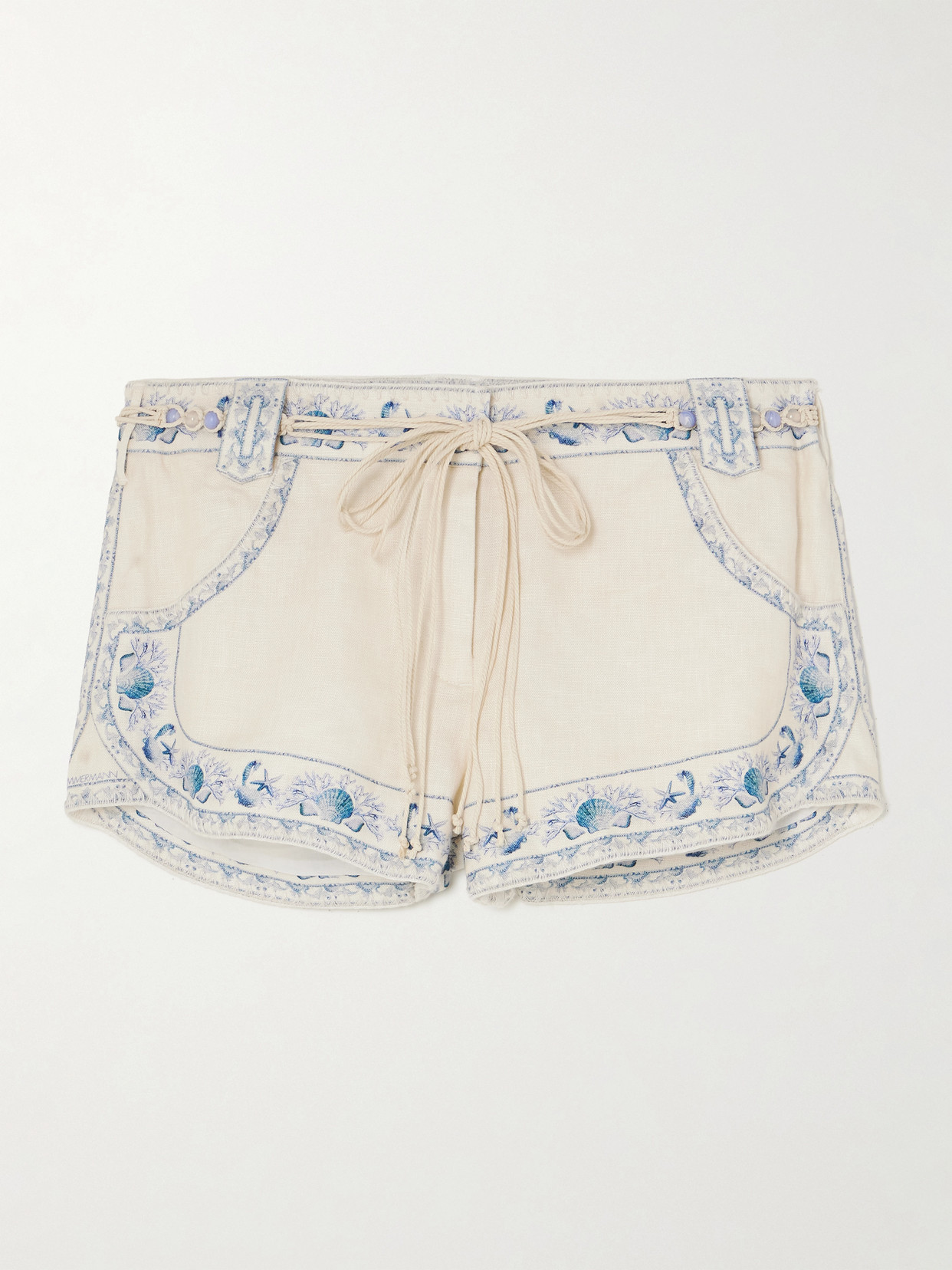 Zimmermann Wanderlust Belted Printed Linen Shorts In Blue