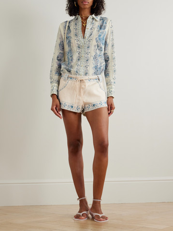 Zimmermann Wanderlust belted printed linen shorts