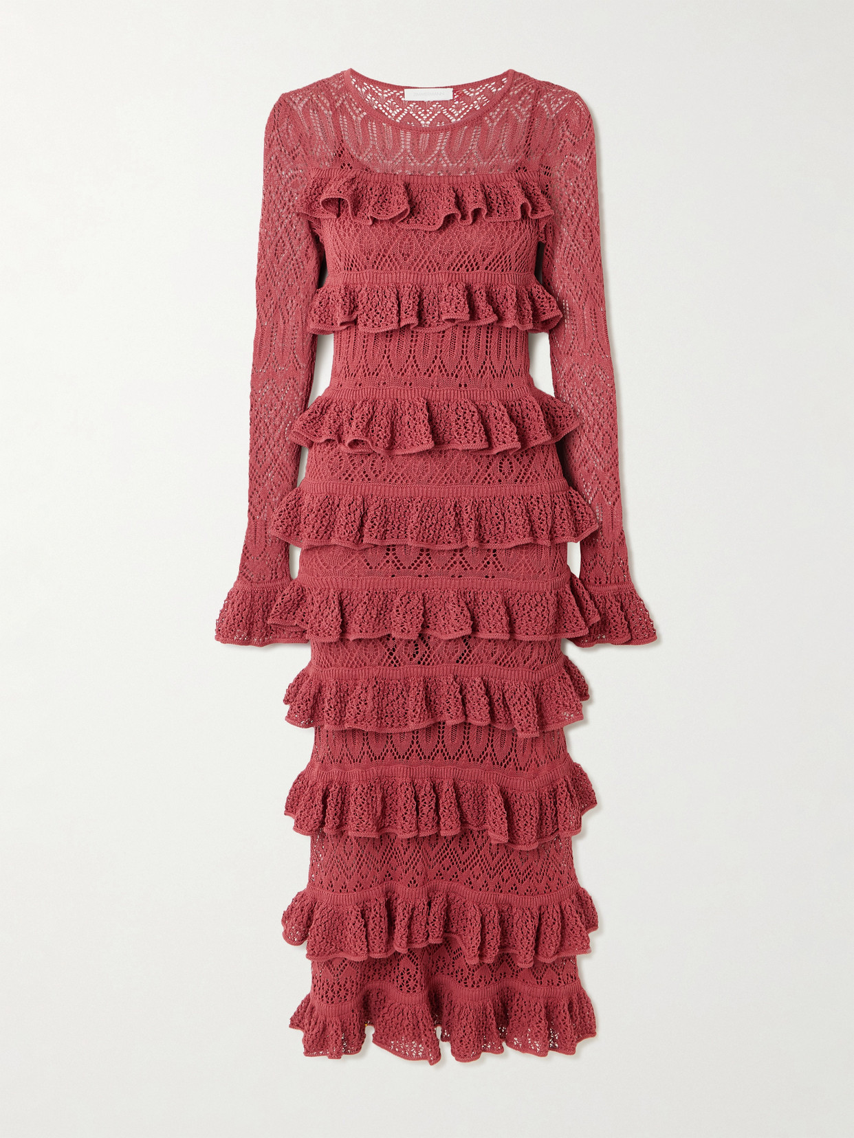 Zimmermann Wanderlust Ruffled Open-knit Maxi Dress In Red
