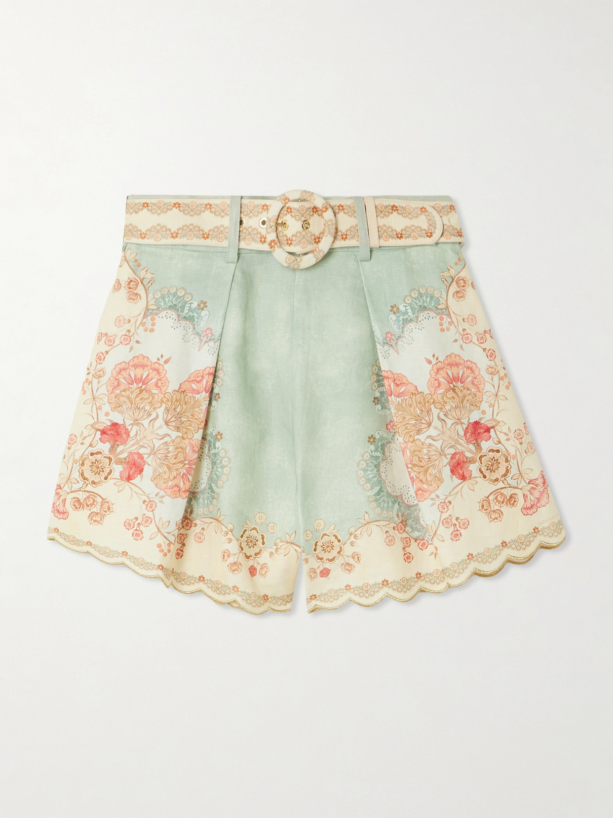 Zimmermann Daylight Belted Scalloped Pleated Printed Linen Shorts In Multi