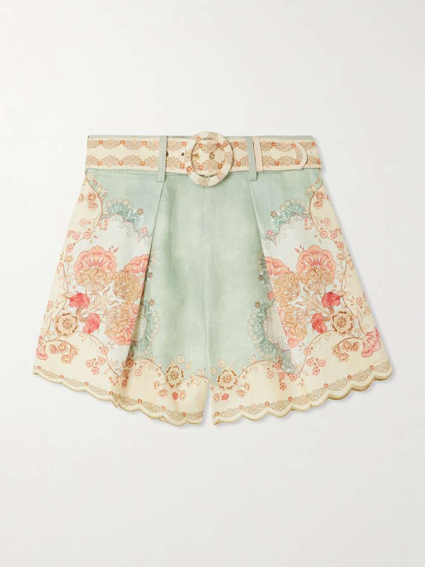 Zimmermann Daylight Belted Scalloped Pleated Printed Linen Shorts